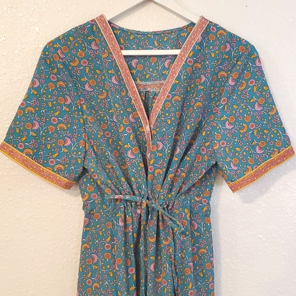 Boho Green Orange Yellow Floral Drawstring Waist Buttonfront Dress - Picture 3 of 6